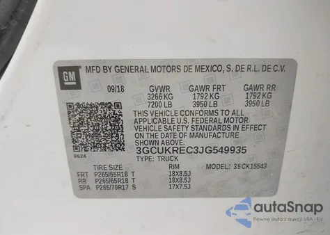 2018 Chevrolet Silverado 1500 2Lt z USA, uszkodzony, nr VIN 3GCUKREC3JG549935